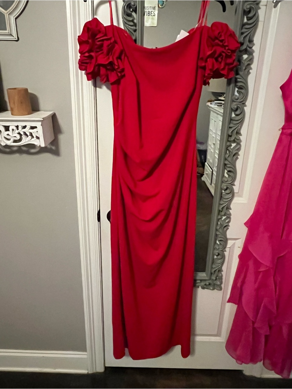 Xscape Red Off-Shoulder Ruffle Sleeve Evening Gown